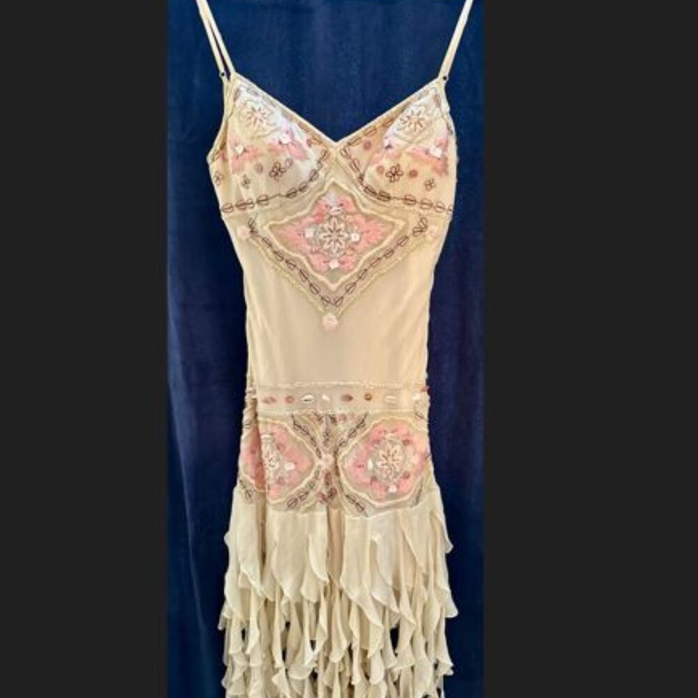 Sue Wong Vintage Shell Embroidered Midi Silk Dress Fairy Boho Ruffle Size 8